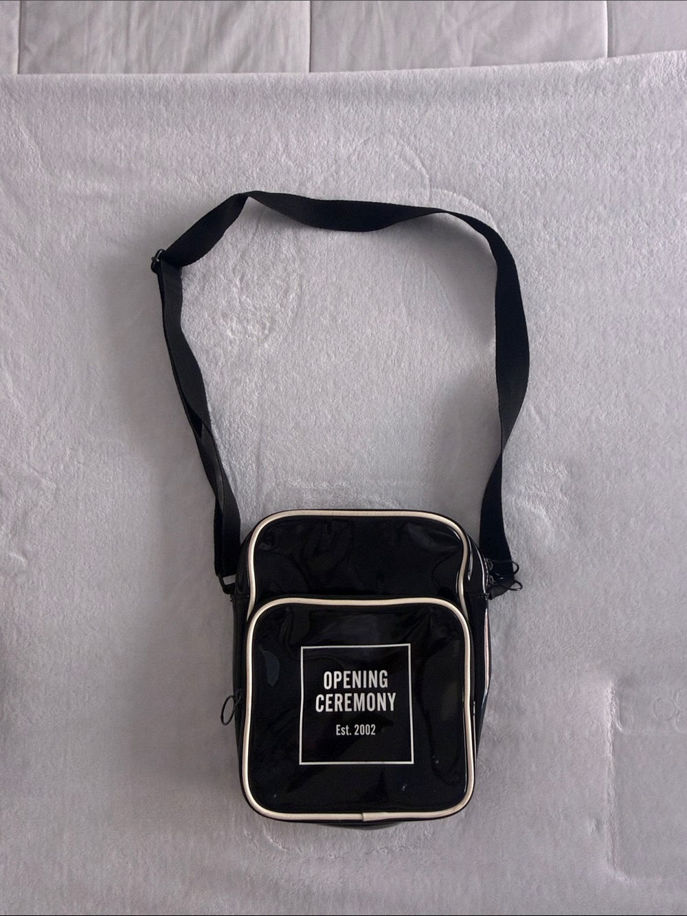 Opening Ceremony Patent Black Crossbody Messenger Bag with White Trim
